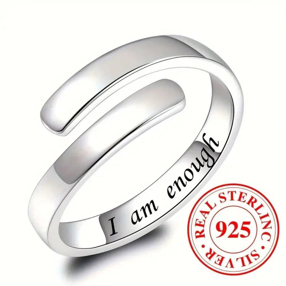 .925 Sterling Silver Inspirational Wrap Ring "I am Enough" Silver OS